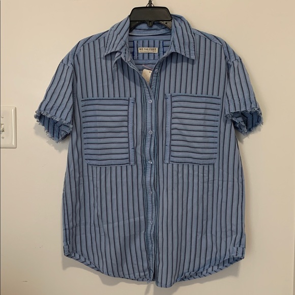 FREE PEOPLE Oversized Christopher Linen Striped Top NWT Blue - Picture 5 of 9